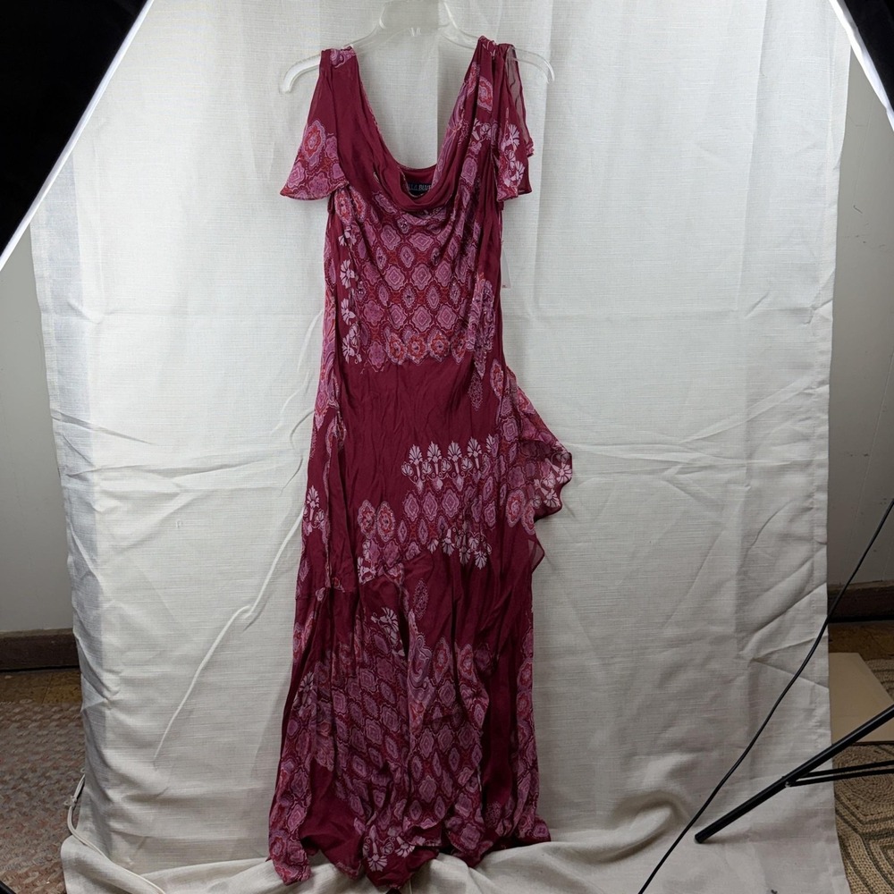 Bella Blue Dress Womens 14 Red Floral Beaded Cowl Neck Flutter‎ Sleeve Maxi Boho